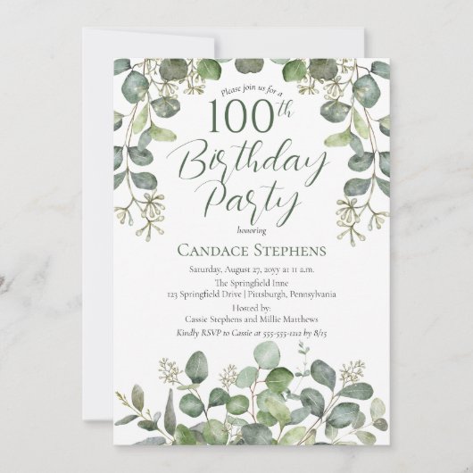 Invitation Forest Green Seed Eucalyptus 100e fête d'anniversa (Devant)