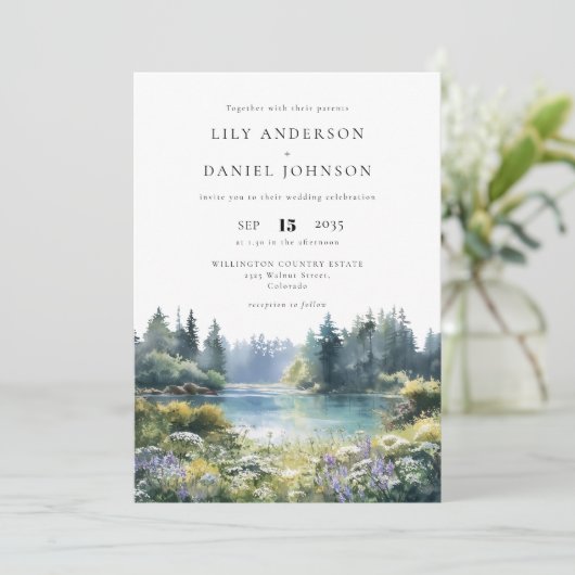 Invitation Forest Lakeside Wildflowers QR Code Wedding (Debout devant)