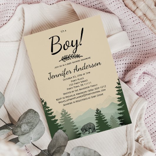 Invitation Forest Mountain Pine Pays Ours Boy Baby shower