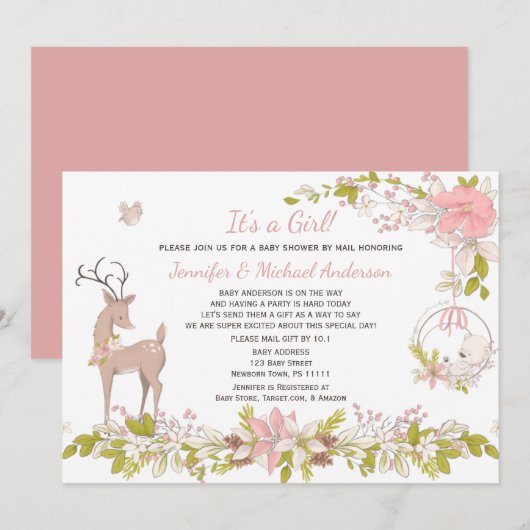 Invitation Forest Rose Girl Bear Deer Baby shower par la post (Devant / Derrière)