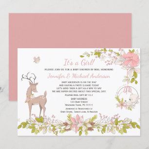 Invitation Forest Rose Girl Bear Deer Baby shower par la post