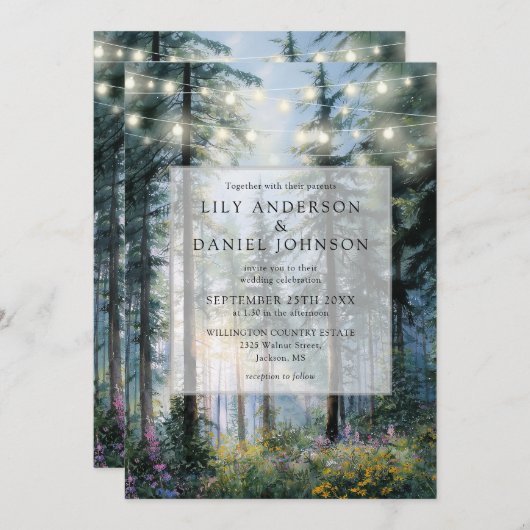 Invitation Forest String Lights Floral QR Code Wedding (Devant / Derrière)