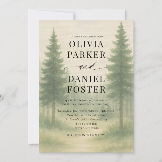 Invitation Forest Trees Watercolor Destination Wedding  (Devant)