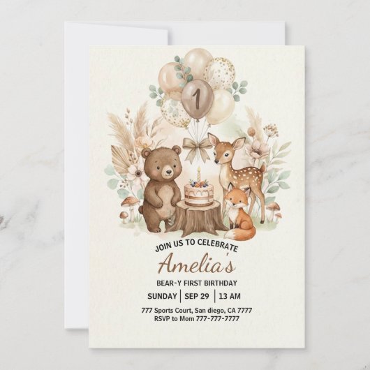 Invitation Forest Woodland Animals Wild One Birthday (Devant)