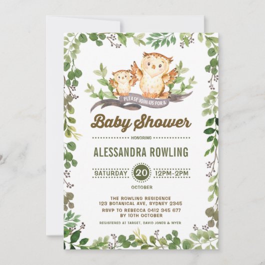 Invitation forestier du Baby shower Owl Woodland G (Devant)