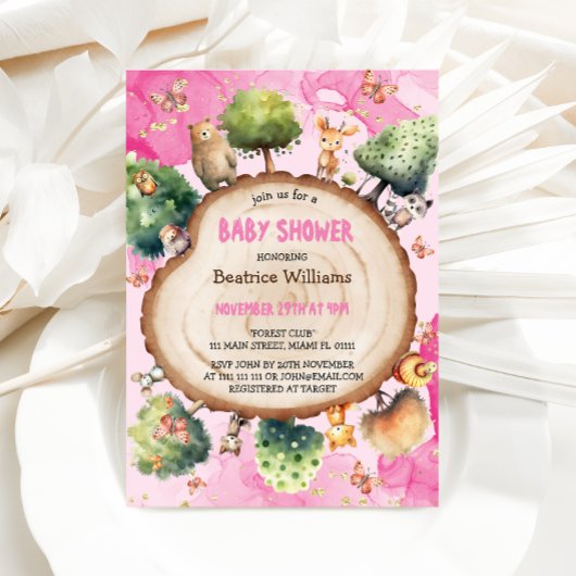 Invitation Forêt Animaux Aquarelle rose bébé fille Douche