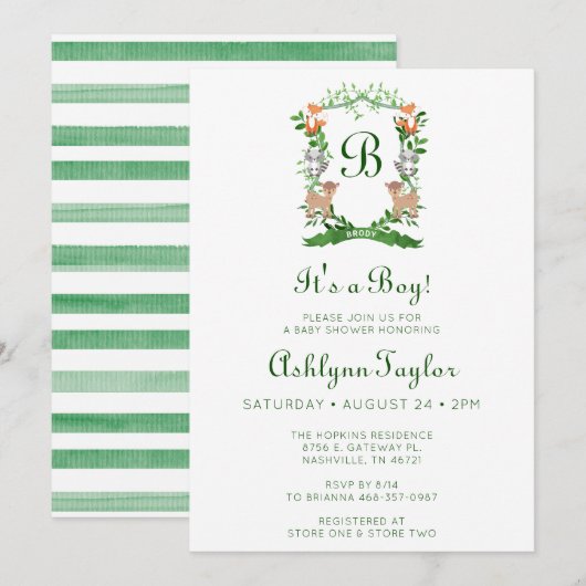 Invitation Forêt Animaux Crest C'est un Baby shower garçon (Devant / Derrière)