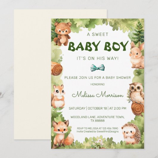 Invitation Forêt Animaux sauvages Bébé Garçon Douche (Devant / Derrière)