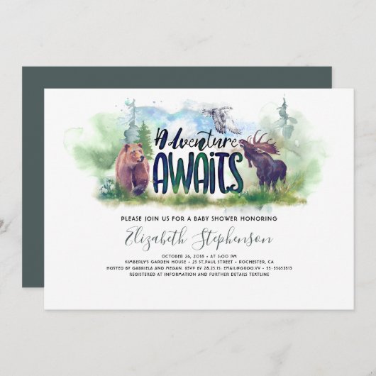 Invitation Forêt Aventure Boy Pays Ours Cerf Baby shower (Devant / Derrière)