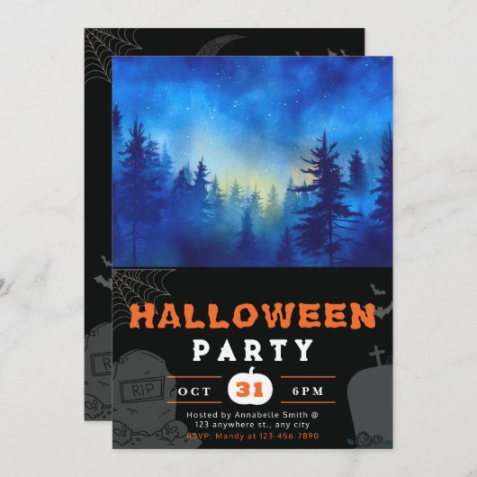 Invitation Forêt Bleue et Lune Halloween noir (Devant / Derrière)