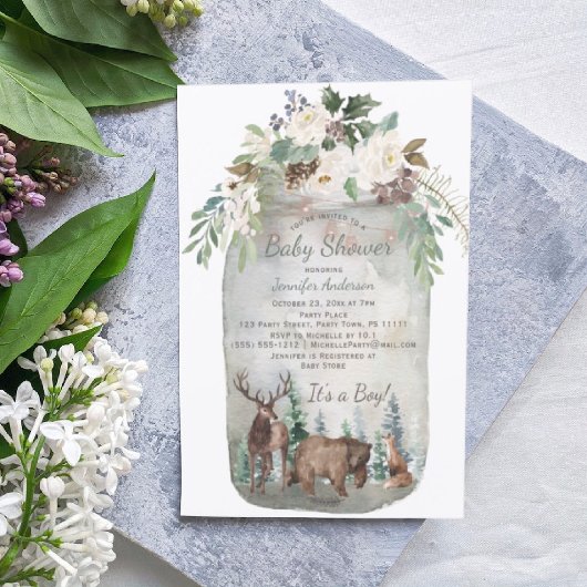 Invitation Forêt Bois Animaux Baby shower Mason Jar
