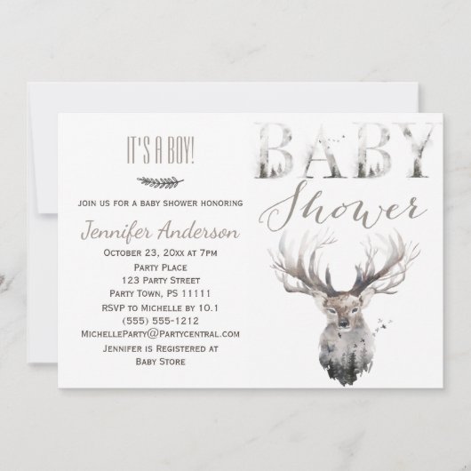 Invitation Forêt Bois Animaux Cerfs Boy Baby shower (Devant)