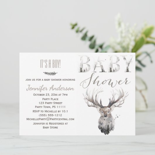 Invitation Forêt Bois Animaux Cerfs Boy Baby shower (Debout devant)