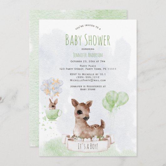 Invitation Forêt Bois Bébé Cerf Aquarelle (Devant / Derrière)