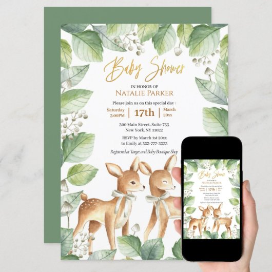 Invitation Forêt Bois Cerf Baby shower de verdure fleurie