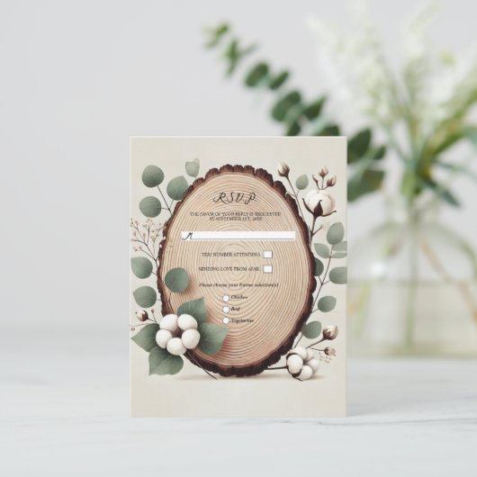 Invitation Forêt Bois Eucalyptus Coton Mariage rustique RSVP (Debout devant)