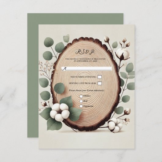 Invitation Forêt Bois Eucalyptus Coton Mariage rustique RSVP (Devant / Derrière)