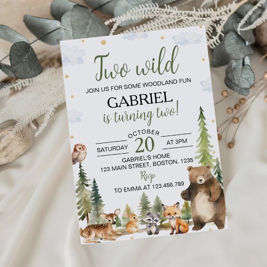Invitation Forêt boisée Animaux Deux Sauvages 2e Anniversaire