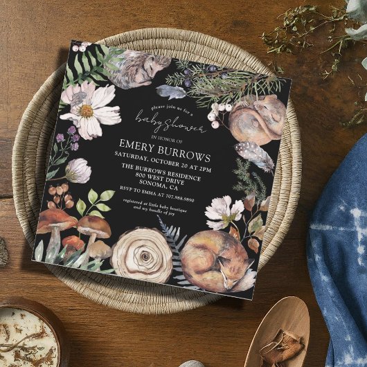 Invitation Forêt boisée mignonne Animaux Baby shower noir
