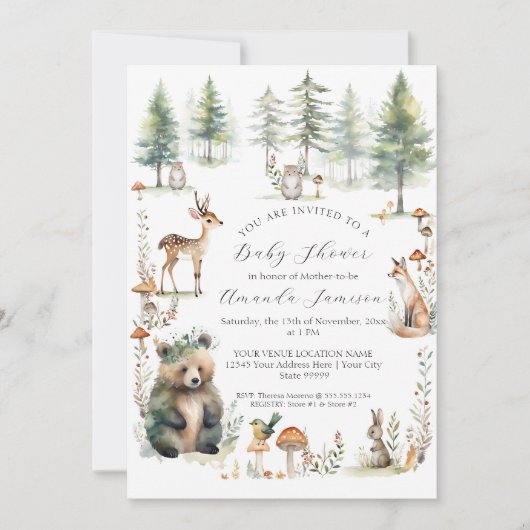 Invitation Forêt boisée mignonne Animaux Ours Baby shower de (Devant)