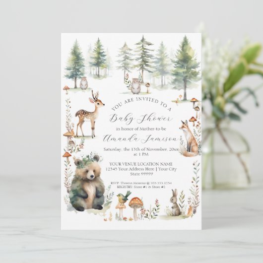 Invitation Forêt boisée mignonne Animaux Ours Baby shower de (Debout devant)