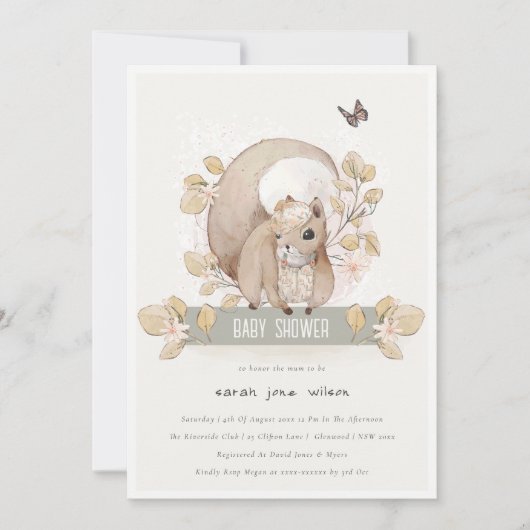 Invitation Forêt boisée mignonne Baby shower d'écureuil flora (Devant)