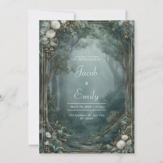 Invitation Forêt Brumeuse Dorée Chrysanthème Blanc de Mariage (Devant)