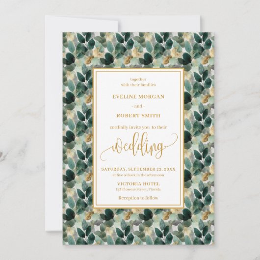 Invitation Forêt classique Green Gold Foliage mariage invite (Devant)