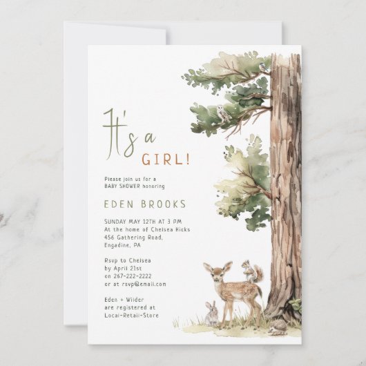 Invitation Forêt d'animaux des bois | C'Est Une Fille ! Baby  (Devant)