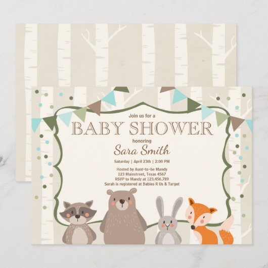 Invitation Forêt d'animaux d'invitation de baby shower de (Devant / Derrière)
