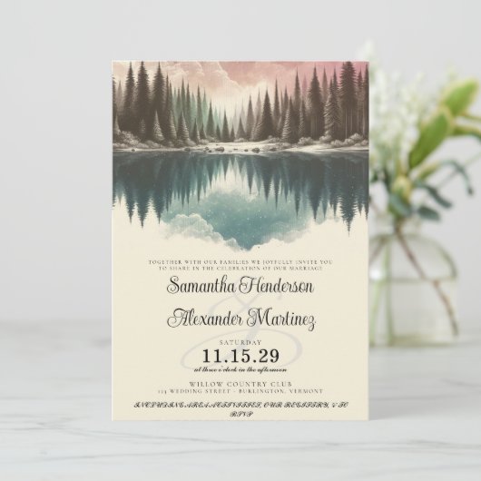 Invitation Forêt d'aquarelle avec détails et Mariage QR (Debout devant)