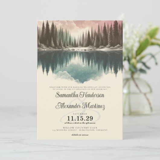 Invitation Forêt d'aquarelle avec détails Mariage (Debout devant)
