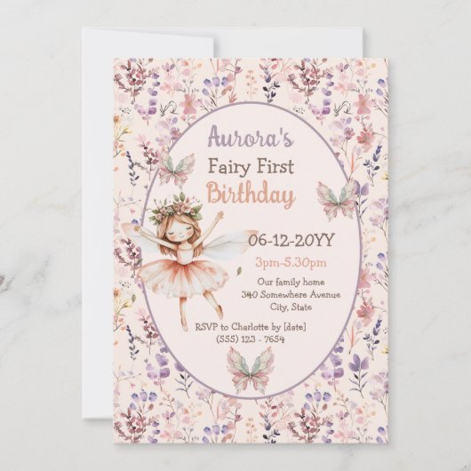 Invitation Forêt d'aquarelle fleur sauvage Fée Premier annive (Devant)