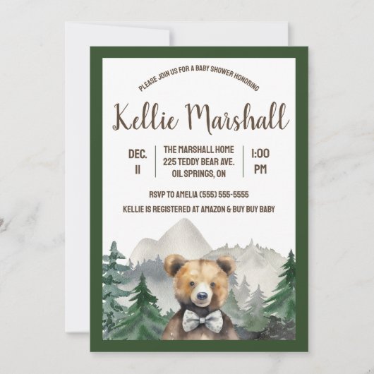 Invitation Forêt d'aquarelle, Ours en peluche, Baby shower (Devant)