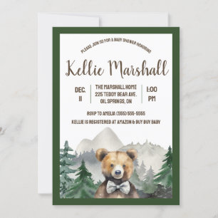 Invitation Forêt d'aquarelle, Ours en peluche, Baby shower