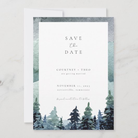 Invitation Forêt d'aquarelle Sauvez la date Bois vert (Devant)