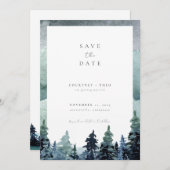 Invitation Forêt d'aquarelle Sauvez la date Bois vert (Devant / Derrière)