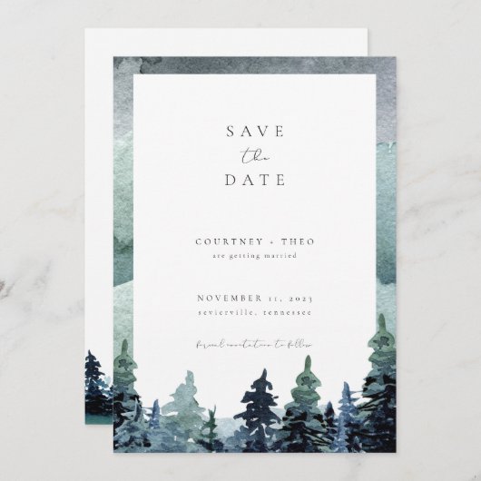 Invitation Forêt d'aquarelle Sauvez la date Bois vert (Devant / Derrière)