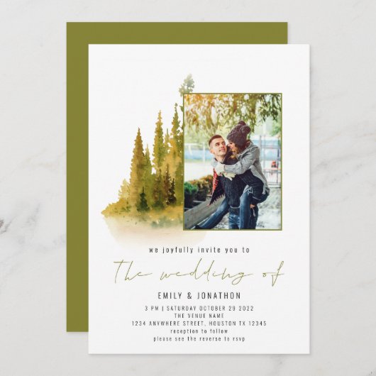 Invitation Forêt d'automne Photo QR Code Olive Green Mariage (Devant / Derrière)