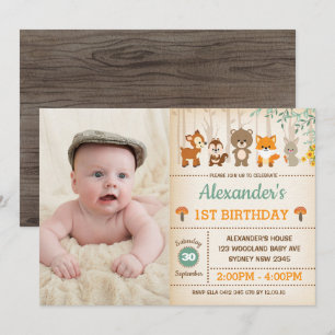Invitation Forêt de bois 1er anniversaire Bébé Animaux Fête