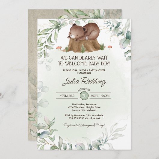 Invitation Forêt de bois animal ours rustique Baby shower gar (Devant / Derrière)