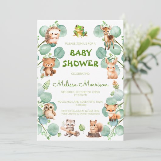 Invitation Forêt de bois Créatures bébé garçon douche (Debout devant)