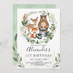 Invitation Forêt de bois douce Animaux 1er anniversaire Garço