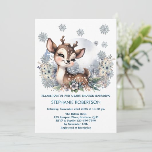 Invitation Forêt de cerfs mignons art à l'aquarelle en hiver (Debout devant)