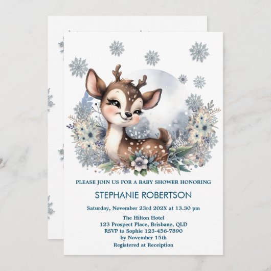 Invitation Forêt de cerfs mignons art aquarelle hiver merveil (Devant / Derrière)