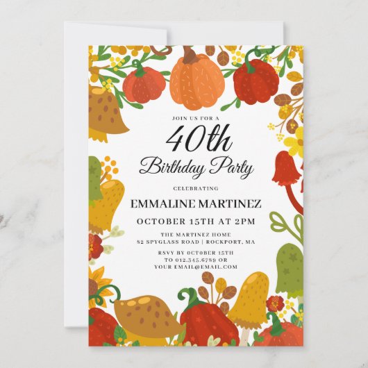 Invitation Forêt de champignons citrouilles automne 40e anniv (Devant)