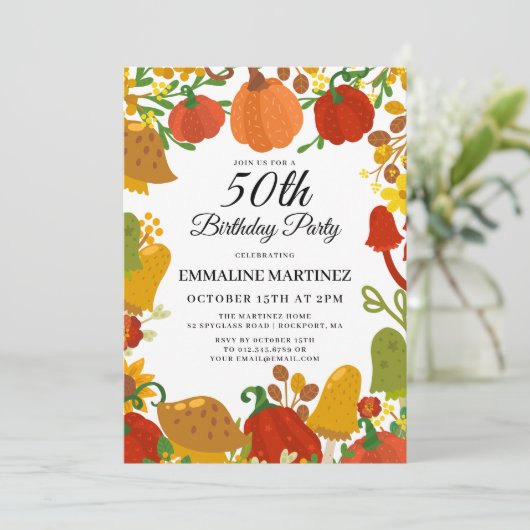 Invitation Forêt de champignons citrouilles automne 50e anniv (Debout devant)