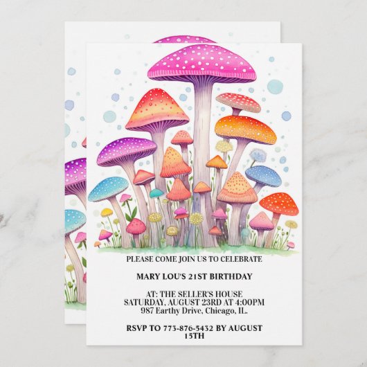 Invitation Forêt de champignons colorés Art fête d'anniversai (Devant / Derrière)