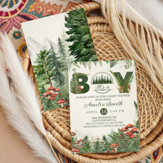 Invitation Forêt de Champignons en Bois Vert C'est un Garçon