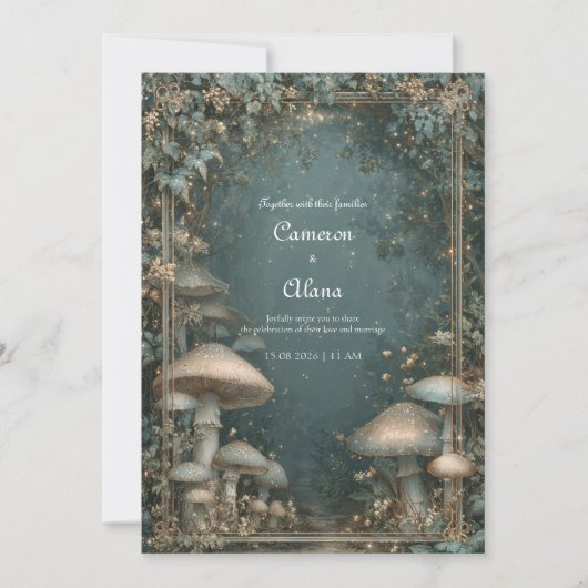 Invitation Forêt de champignons sarcelle éthérée cadre doré m (Devant)